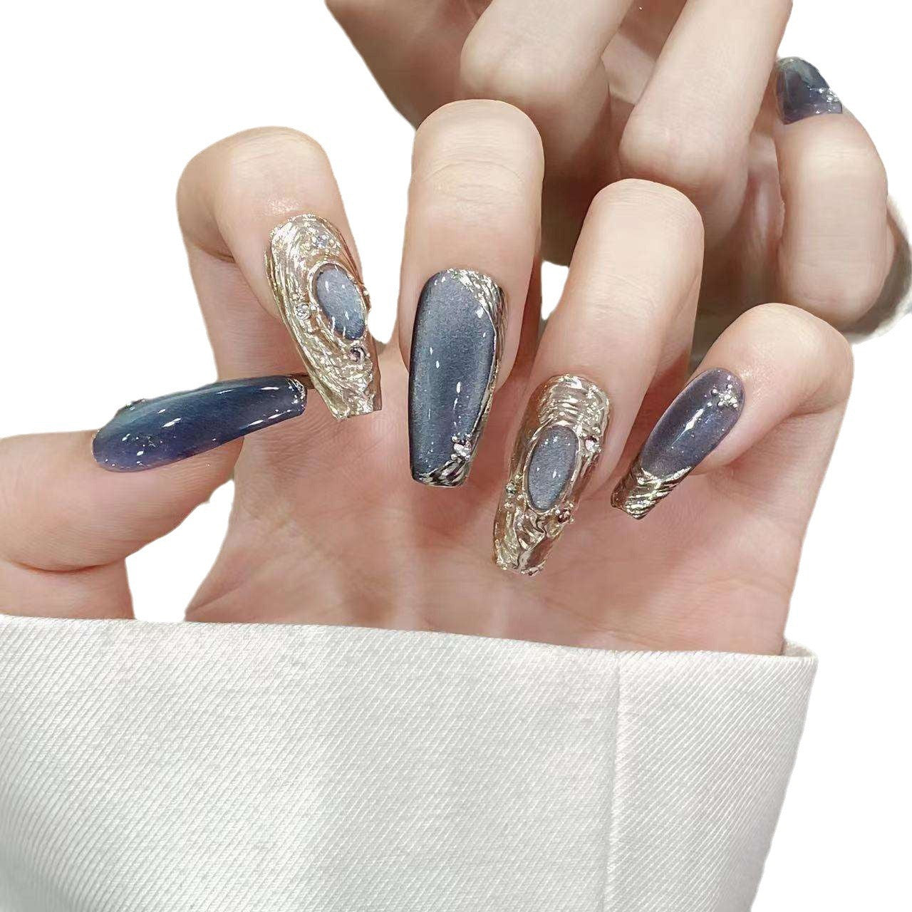 Blue Bulb Cat-Eye Handmade Press-On Nails – Finished Nail Tips, Buccellati Style
