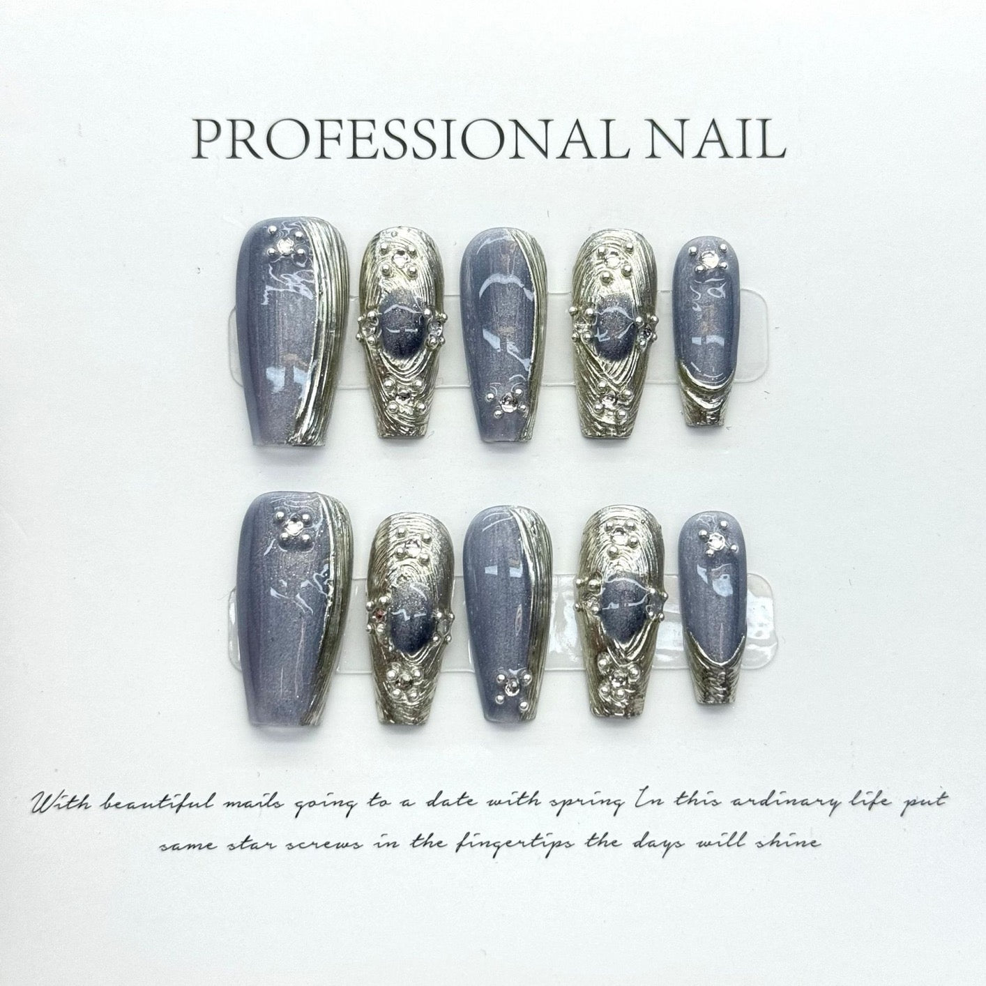Blue Bulb Cat-Eye Handmade Press-On Nails – Finished Nail Tips, Buccellati Style