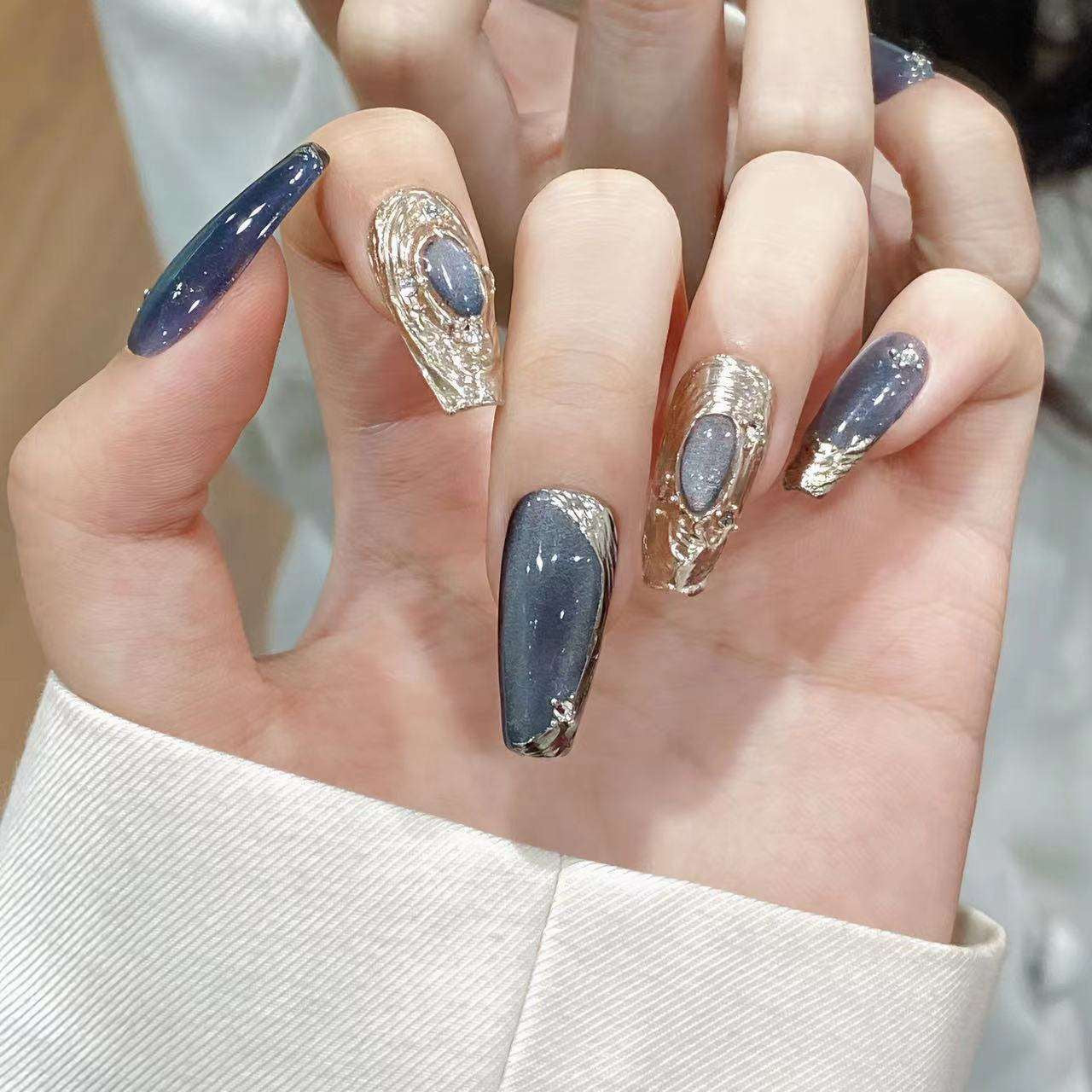Blue Bulb Cat-Eye Handmade Press-On Nails – Finished Nail Tips, Buccellati Style