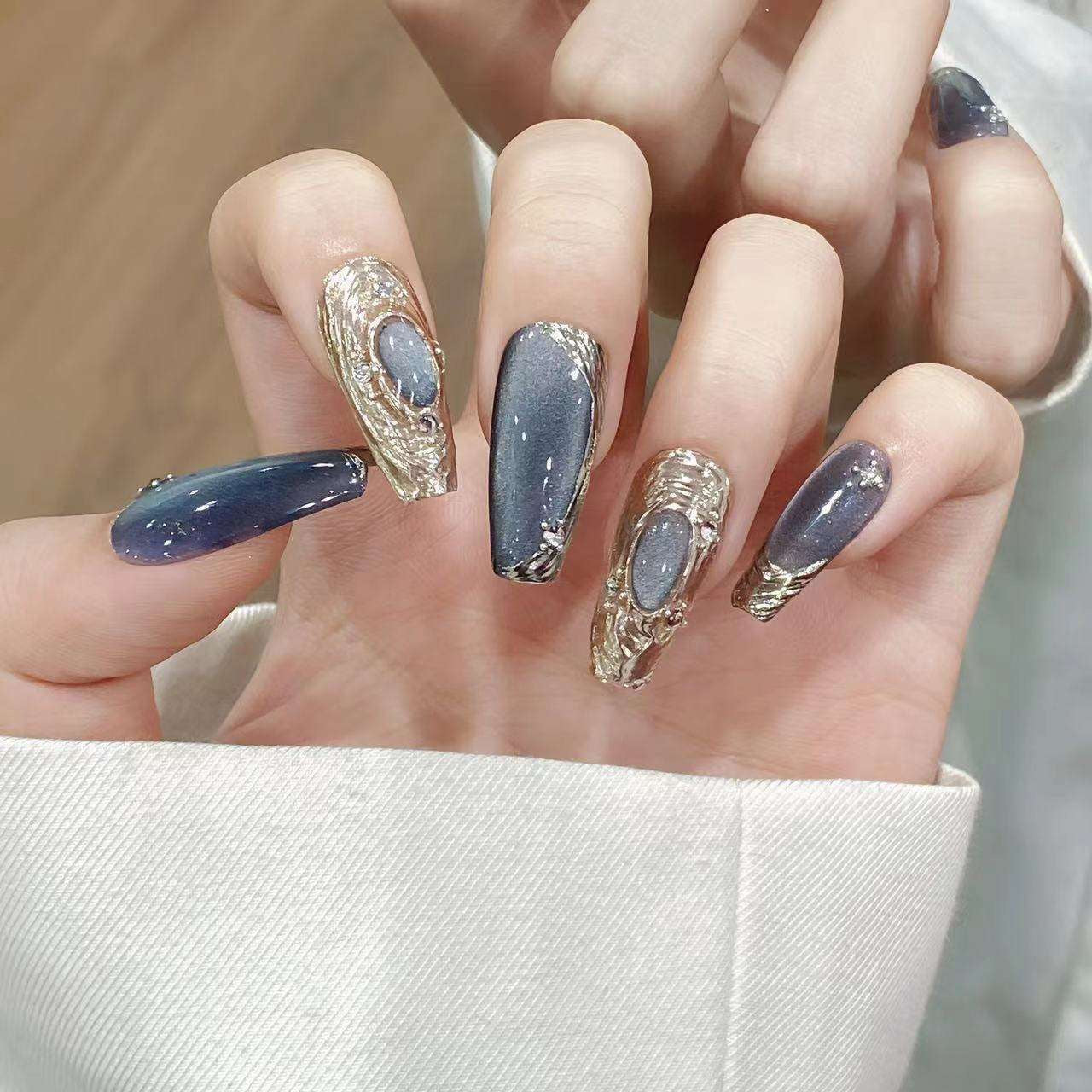 Blue Bulb Cat-Eye Handmade Press-On Nails – Finished Nail Tips, Buccellati Style