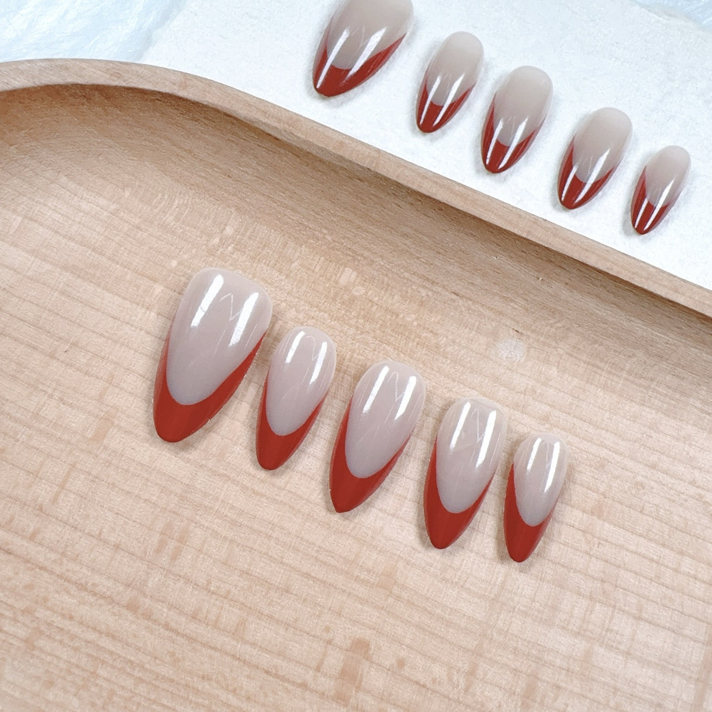 Burgundy Gold French Almond Press-On Nails – Removable Valentine’s Day Fashion Nails