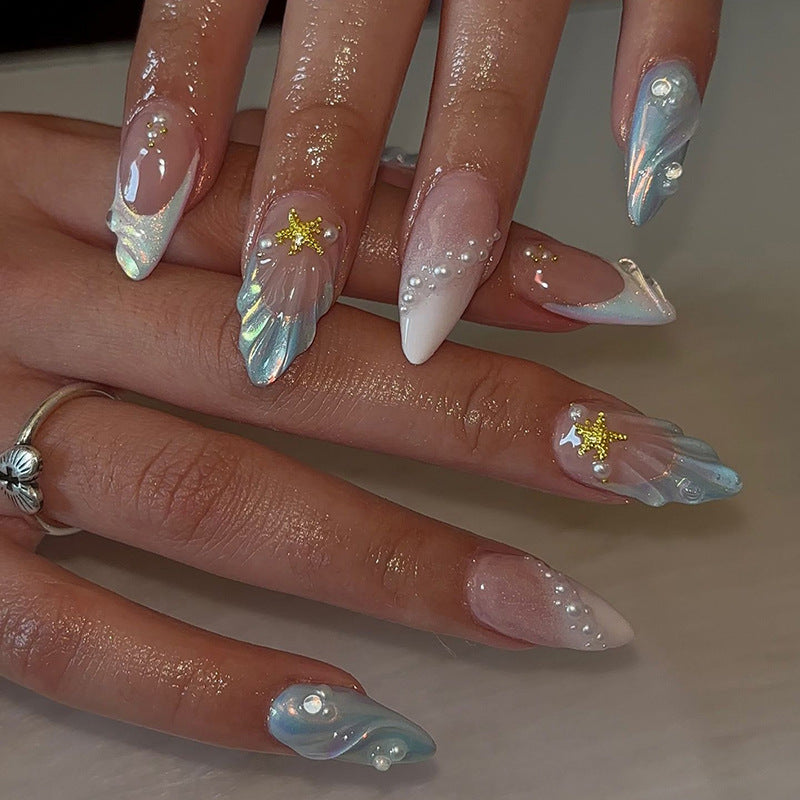 Mermaid Ocean Nail Stickers, Removable 3D Shell Press-on Nails, Star Nail Art with Rhinestones