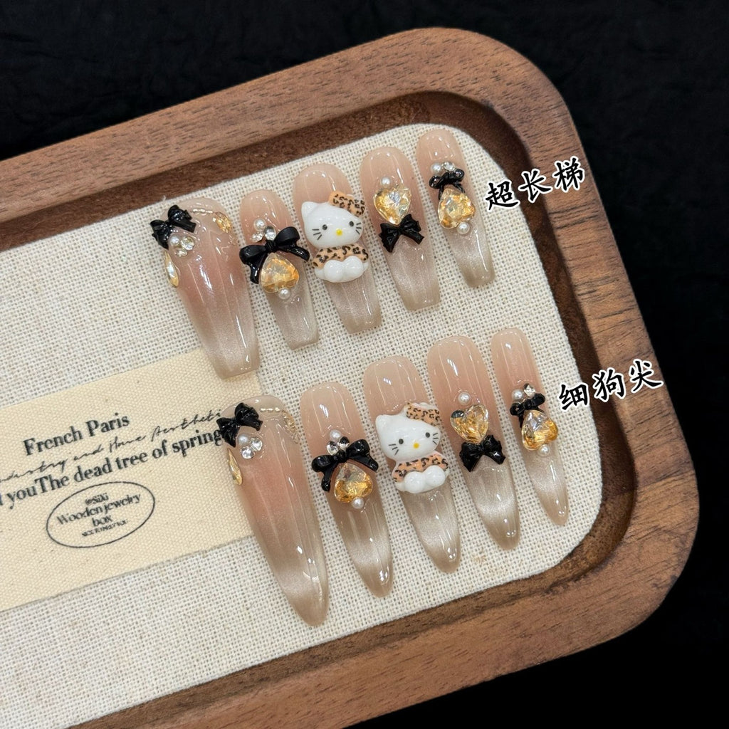 “Leopard Kitty” – Cute and Chic Cartoon-Inspired Press-On Nails with Gradient Cat-Eye Finish, 3D Rhinestones, and French Bow Details