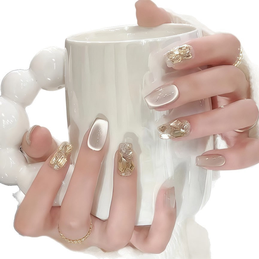 Handmade Champagne Cat-Eye Rhinestone Press-On Nails – Short Luxury Sparkling Style, Wholesale