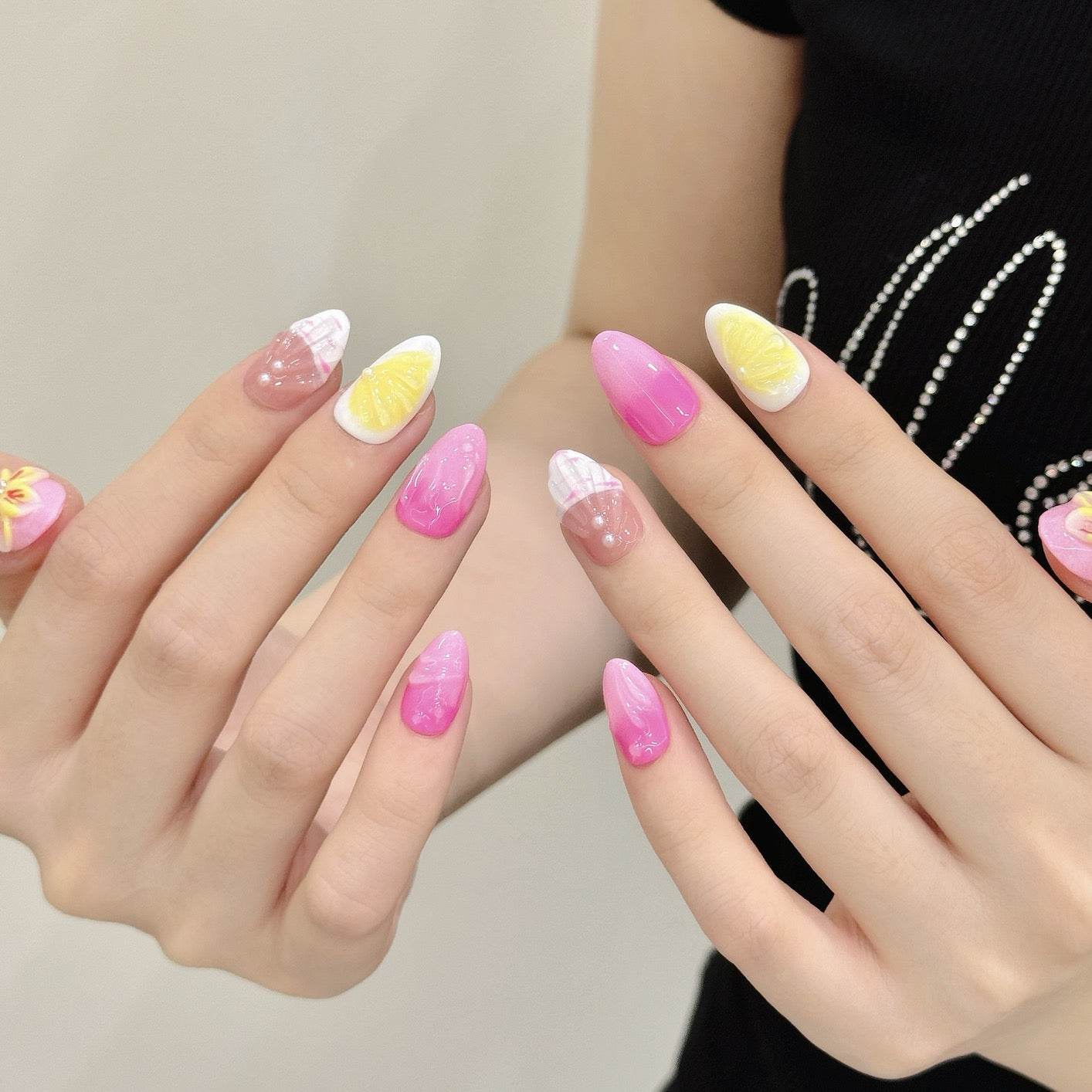 “Floral Whisper” – Soft Pink Ocean-Inspired Press-On Nails with 3D Floral Carvings and Shell Accents in a Short Almond Shape