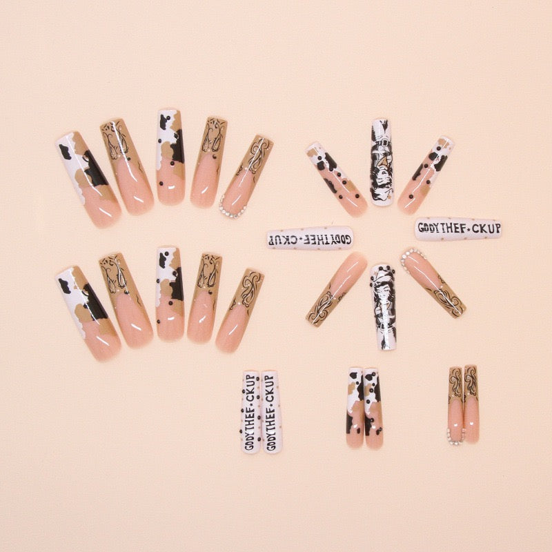 Western Cowboy Long Press-On Nails – French Letter, Rhinestone Tube Shape, Removable Tips