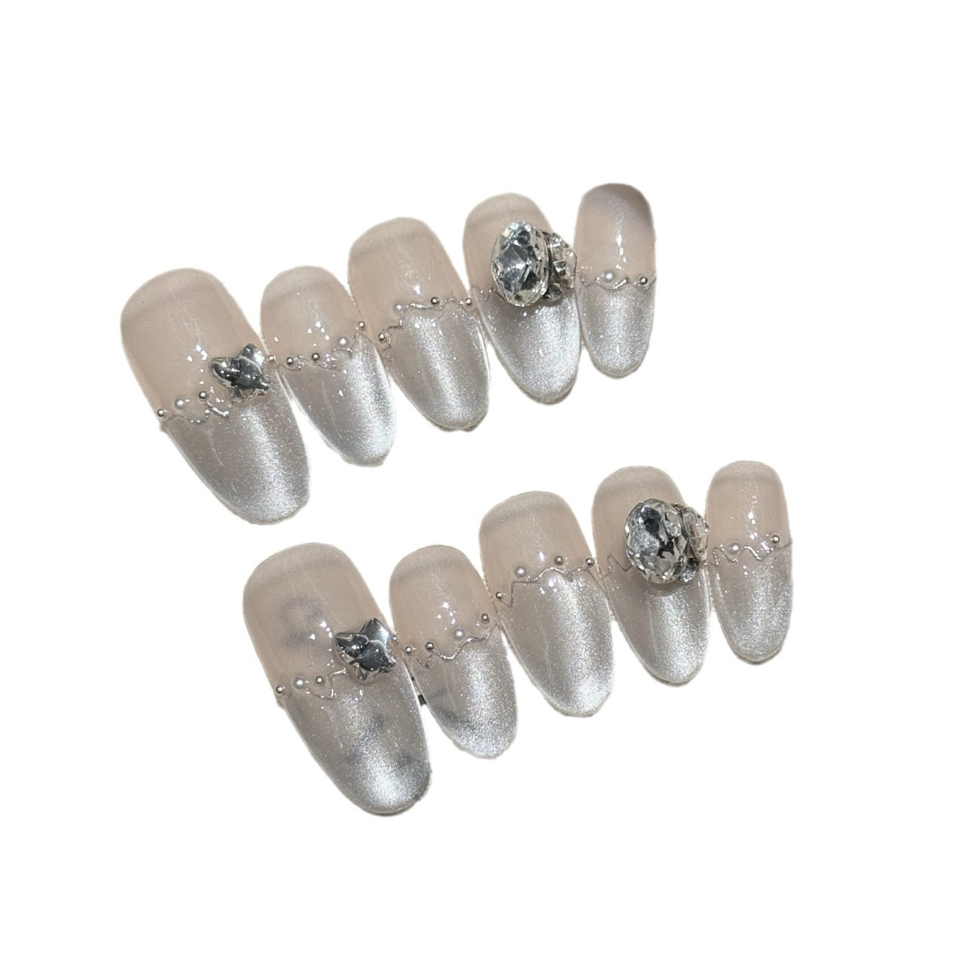 “Seine Riverside” Long Cat-Eye Press-On Nails – Handmade with Sparkling K9 Rhinestones & Glass Beads