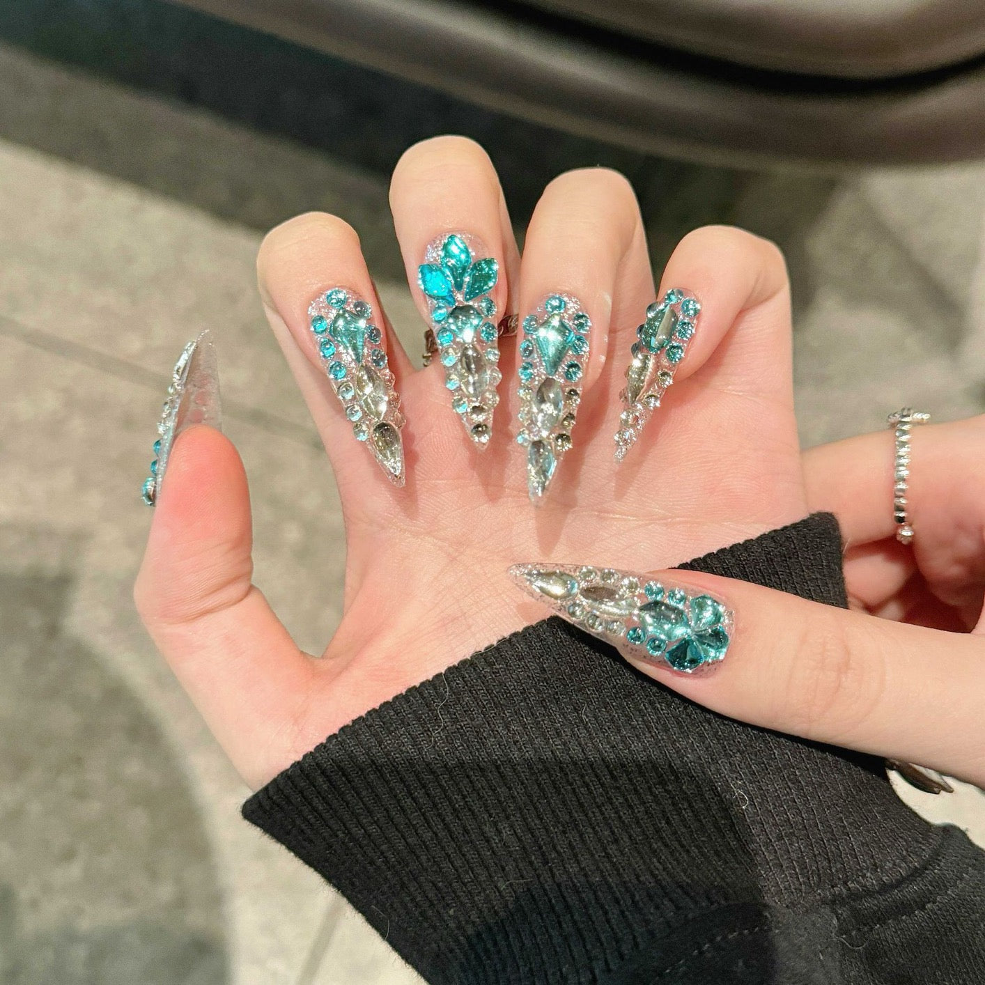 “Mermaid’s Tears” Ocean-Inspired Luxury Press-On Nails – Handmade with Full Crystal Embellishment and Deep Sea Blue Sparkle
