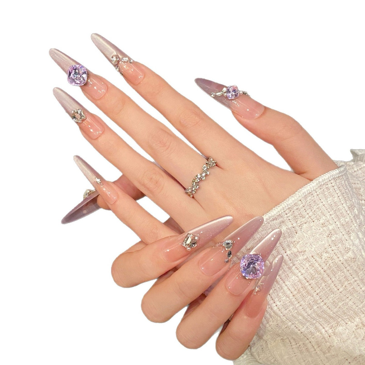 “Yunsha Liwu” Luxury Gradient Purple Cat-Eye Press-On Nails – Featuring Diagonal Tips, Sparkling Rhinestone Accents, and Handmade K9 Design