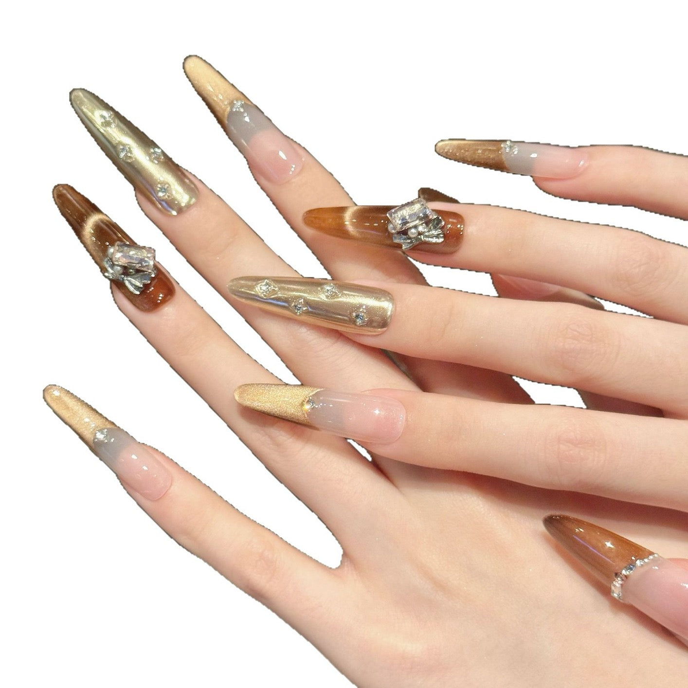 “Maillard Baroque” French Cat-Eye Luxury Press-On Nails – Buccellati-Inspired Design