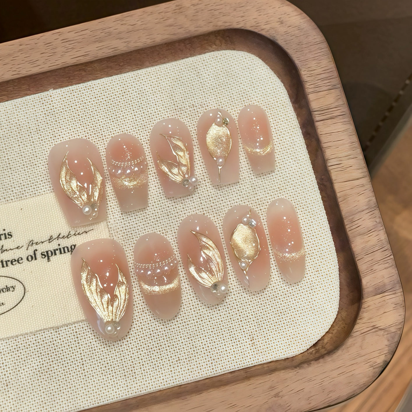 Golden Mermaid Tail Pearl Cat-Eye Press-On Nails – Blush Gradient French Smile, Handmade