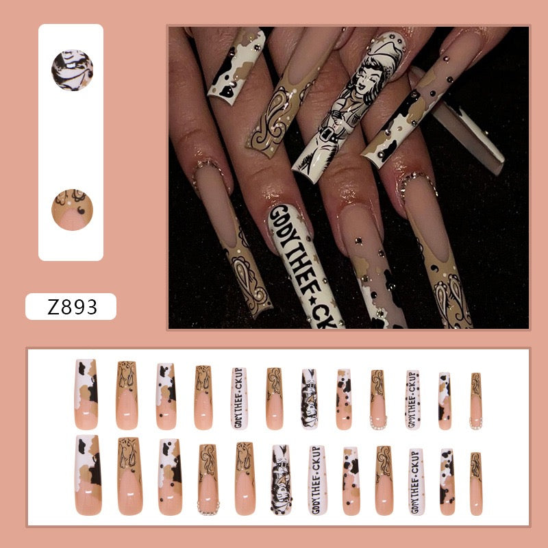 Western Cowboy Long Press-On Nails – French Letter, Rhinestone Tube Shape, Removable Tips