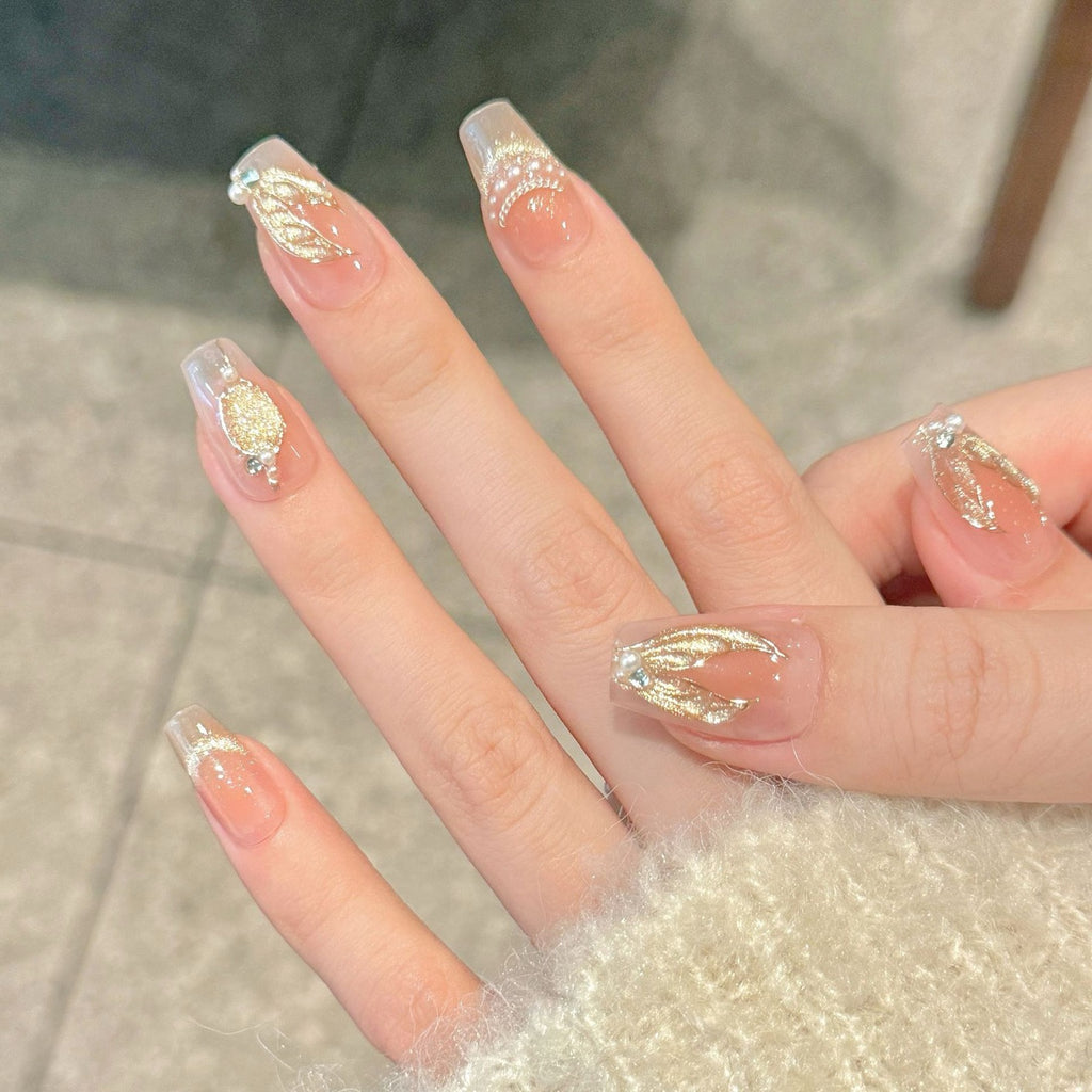 Golden Mermaid Tail Pearl Cat-Eye Press-On Nails – Blush Gradient French Smile, Handmade