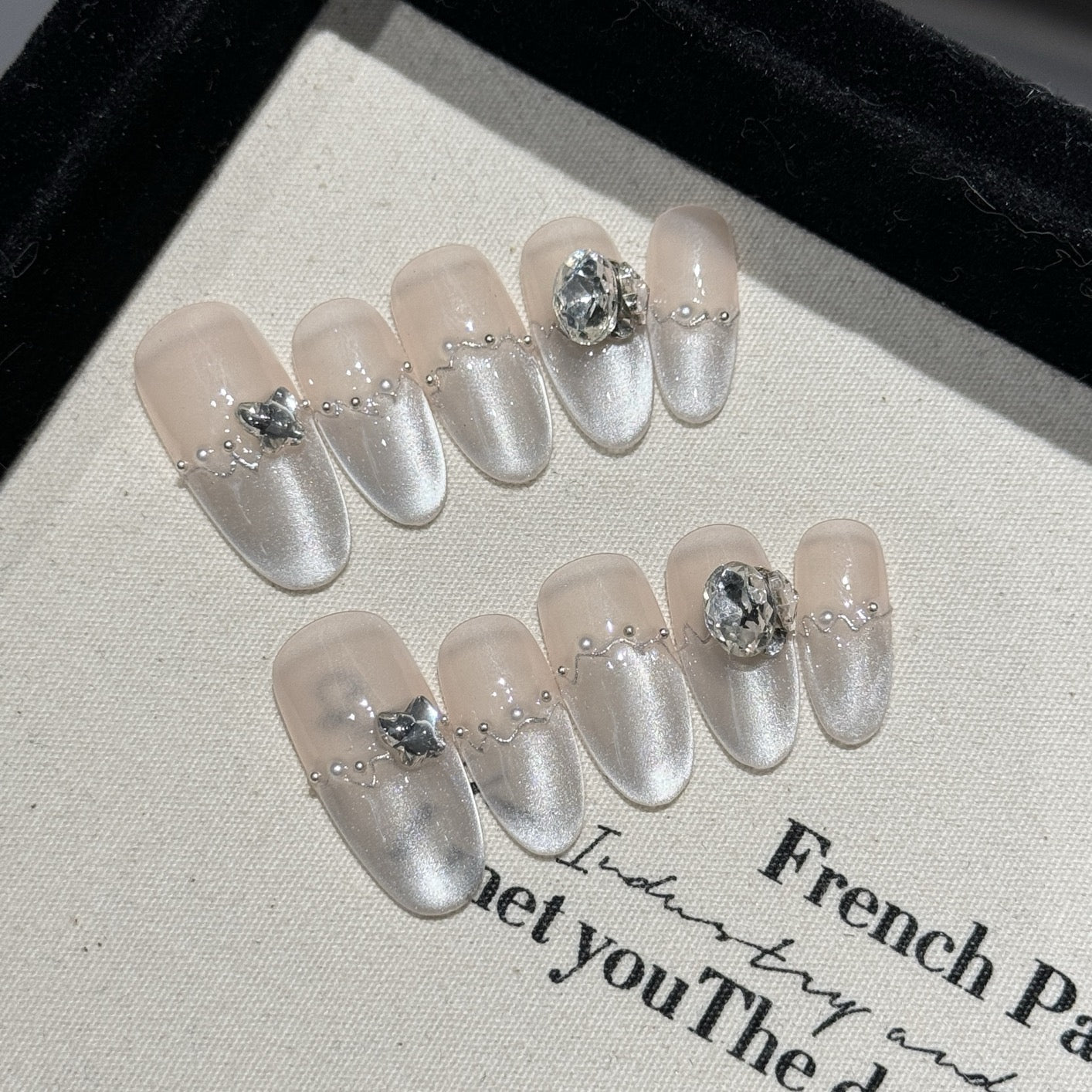 “Seine Riverside” Long Cat-Eye Press-On Nails – Handmade with Sparkling K9 Rhinestones & Glass Beads