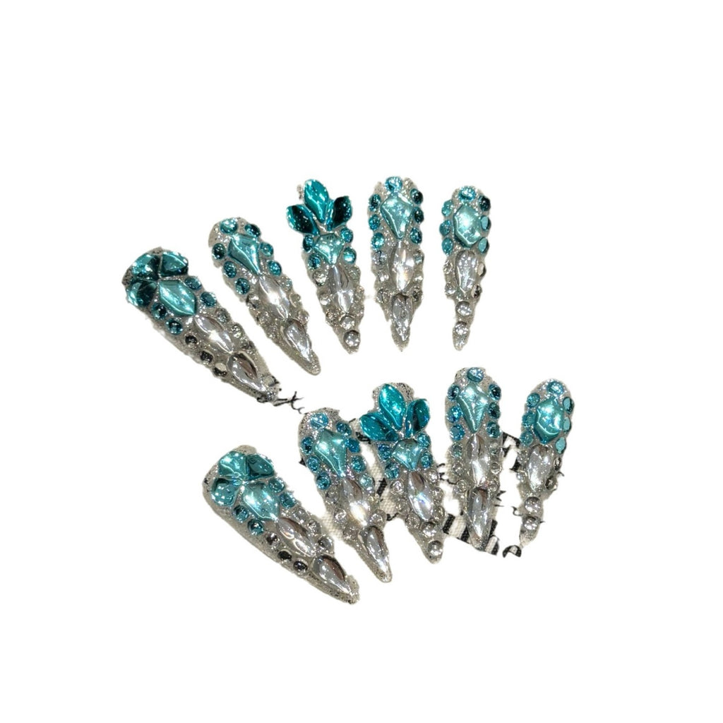 “Mermaid’s Tears” Ocean-Inspired Luxury Press-On Nails – Handmade with Full Crystal Embellishment and Deep Sea Blue Sparkle