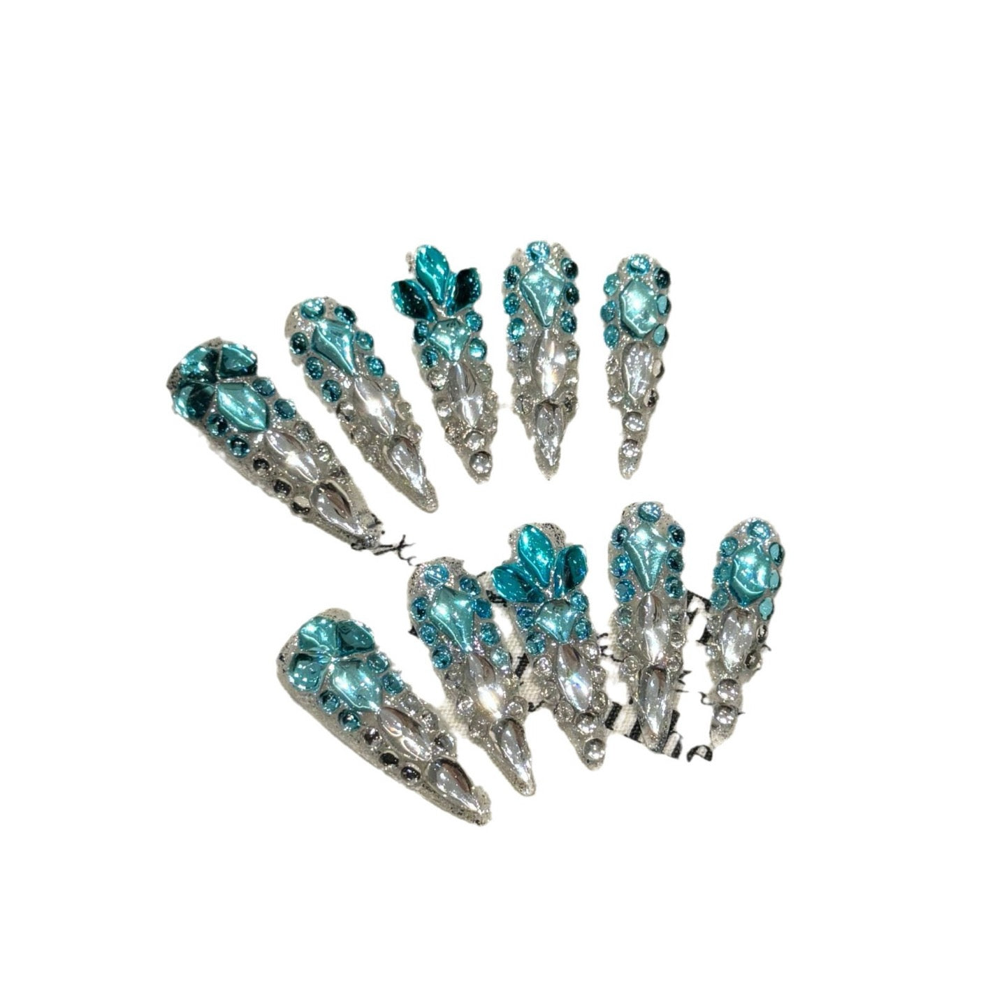 “Mermaid’s Tears” Ocean-Inspired Luxury Press-On Nails – Handmade with Full Crystal Embellishment and Deep Sea Blue Sparkle
