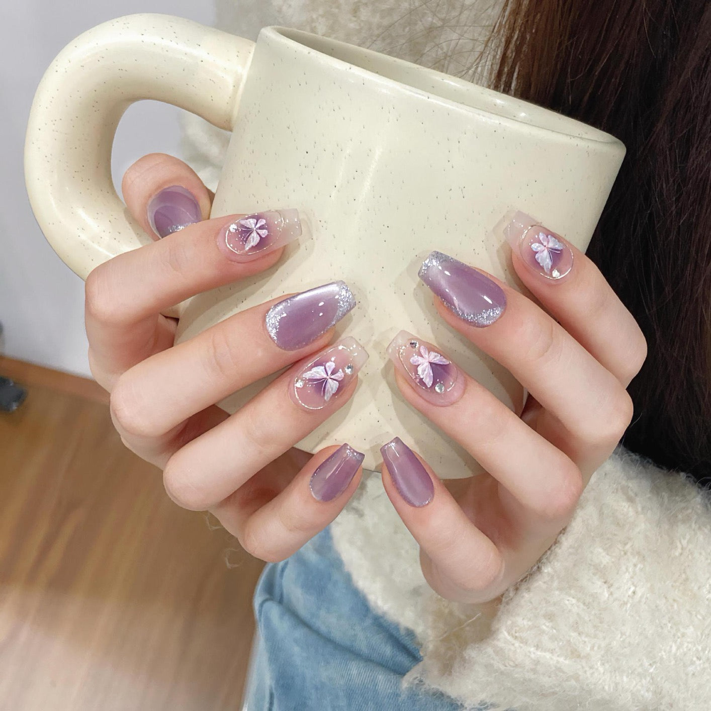 Purple Gold Cat-Eye Butterfly Press-On Nails – Handmade Trendy Nail Tips