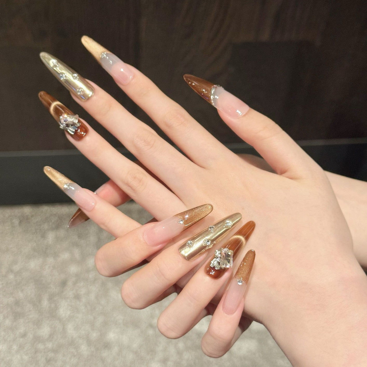 “Maillard Baroque” French Cat-Eye Luxury Press-On Nails – Buccellati-Inspired Design
