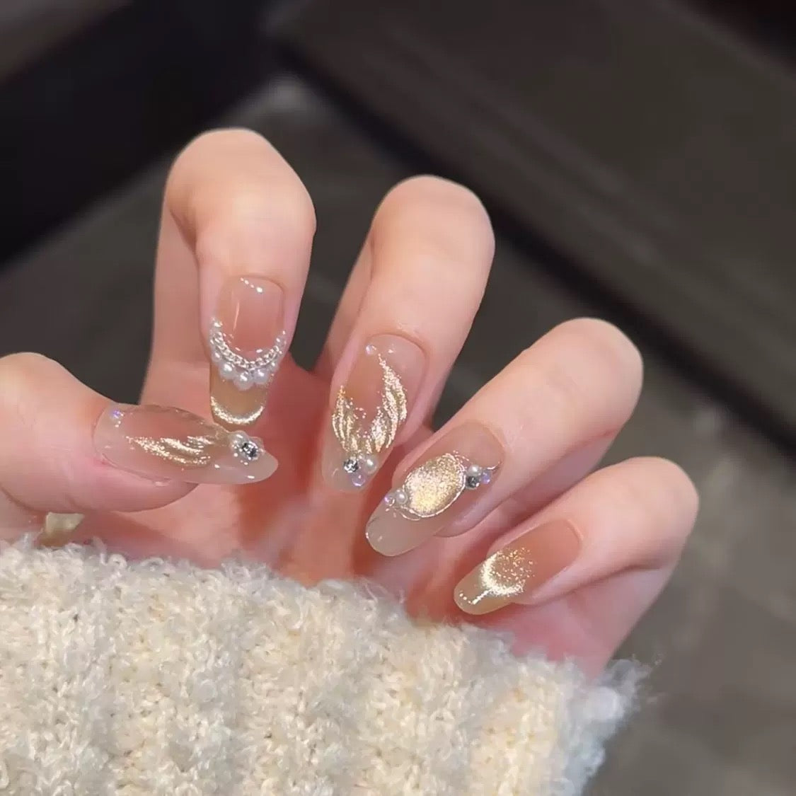 Golden Mermaid Tail Pearl Cat-Eye Press-On Nails – Blush Gradient French Smile, Handmade