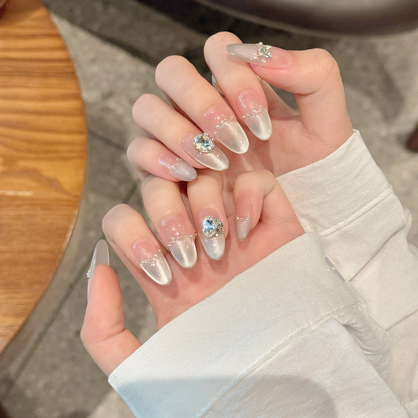 “Seine Riverside” Long Cat-Eye Press-On Nails – Handmade with Sparkling K9 Rhinestones & Glass Beads