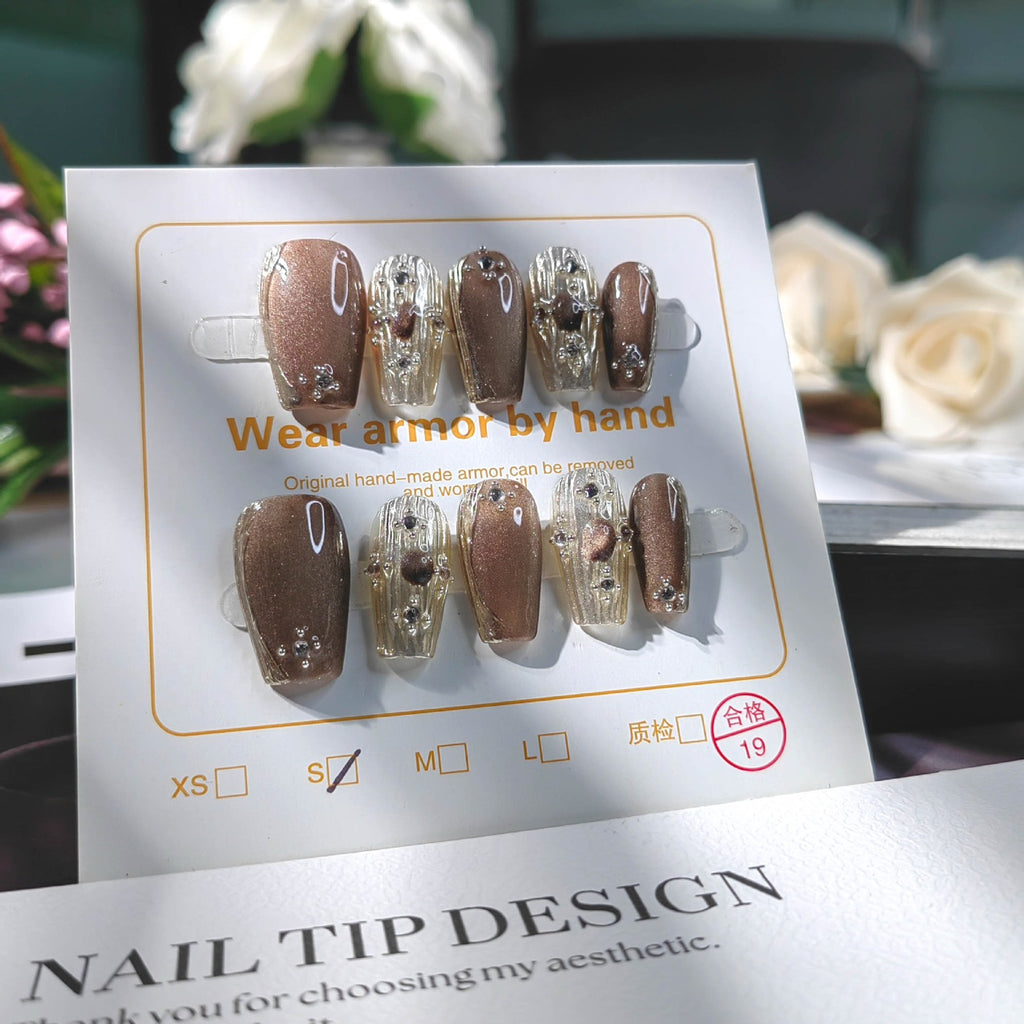 Handmade nail cover with fabric choker cat eye nail art sheet, high-end handmade glittering long and short style nail stickers