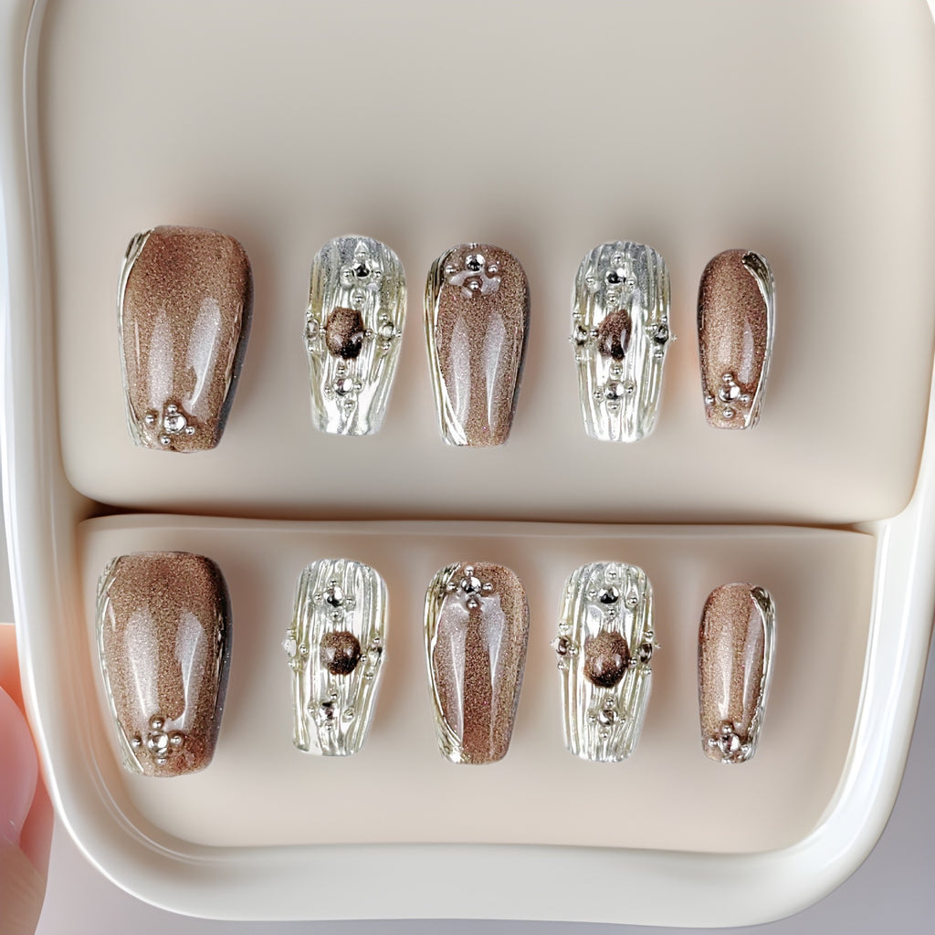Handmade nail cover with fabric choker cat eye nail art sheet, high-end handmade glittering long and short style nail stickers