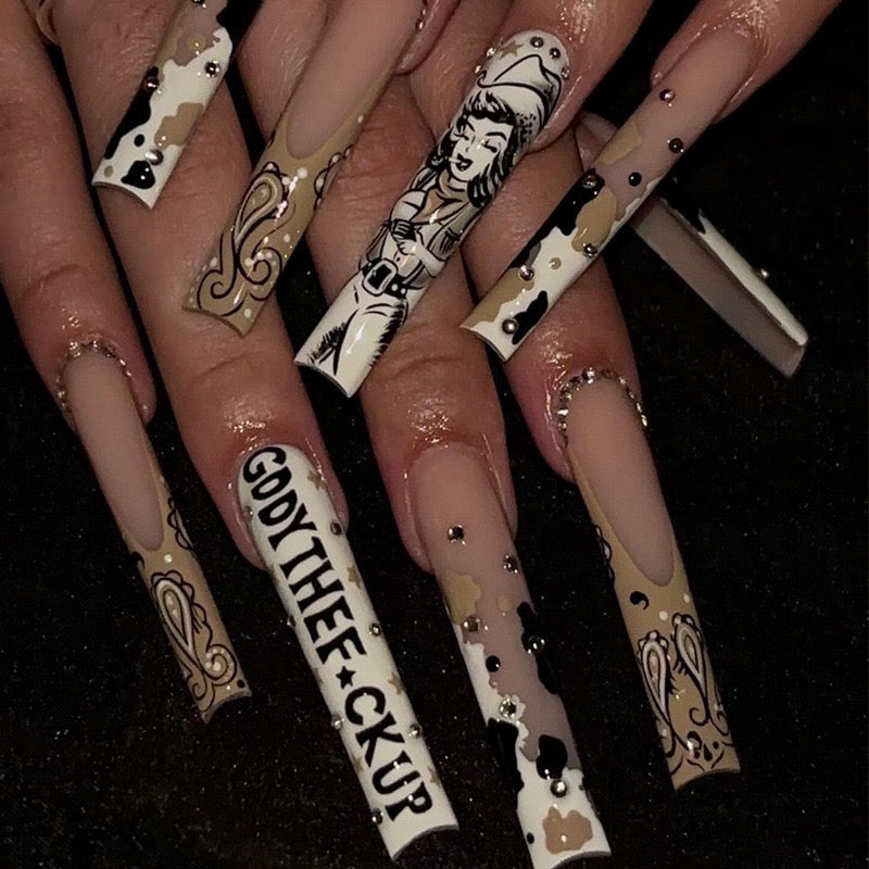 Western Cowboy Long Press-On Nails – French Letter, Rhinestone Tube Shape, Removable Tips