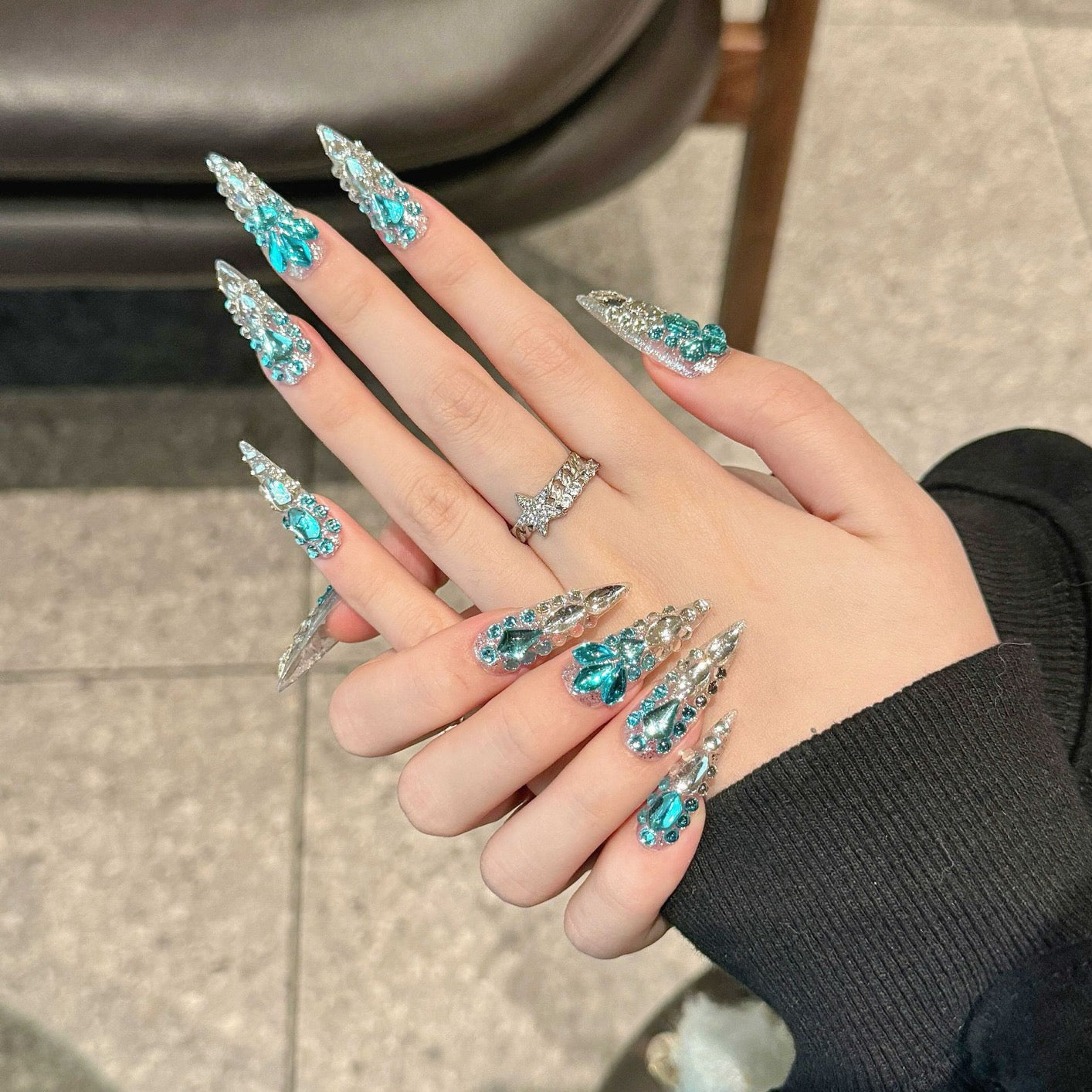 “Mermaid’s Tears” Ocean-Inspired Luxury Press-On Nails – Handmade with Full Crystal Embellishment and Deep Sea Blue Sparkle