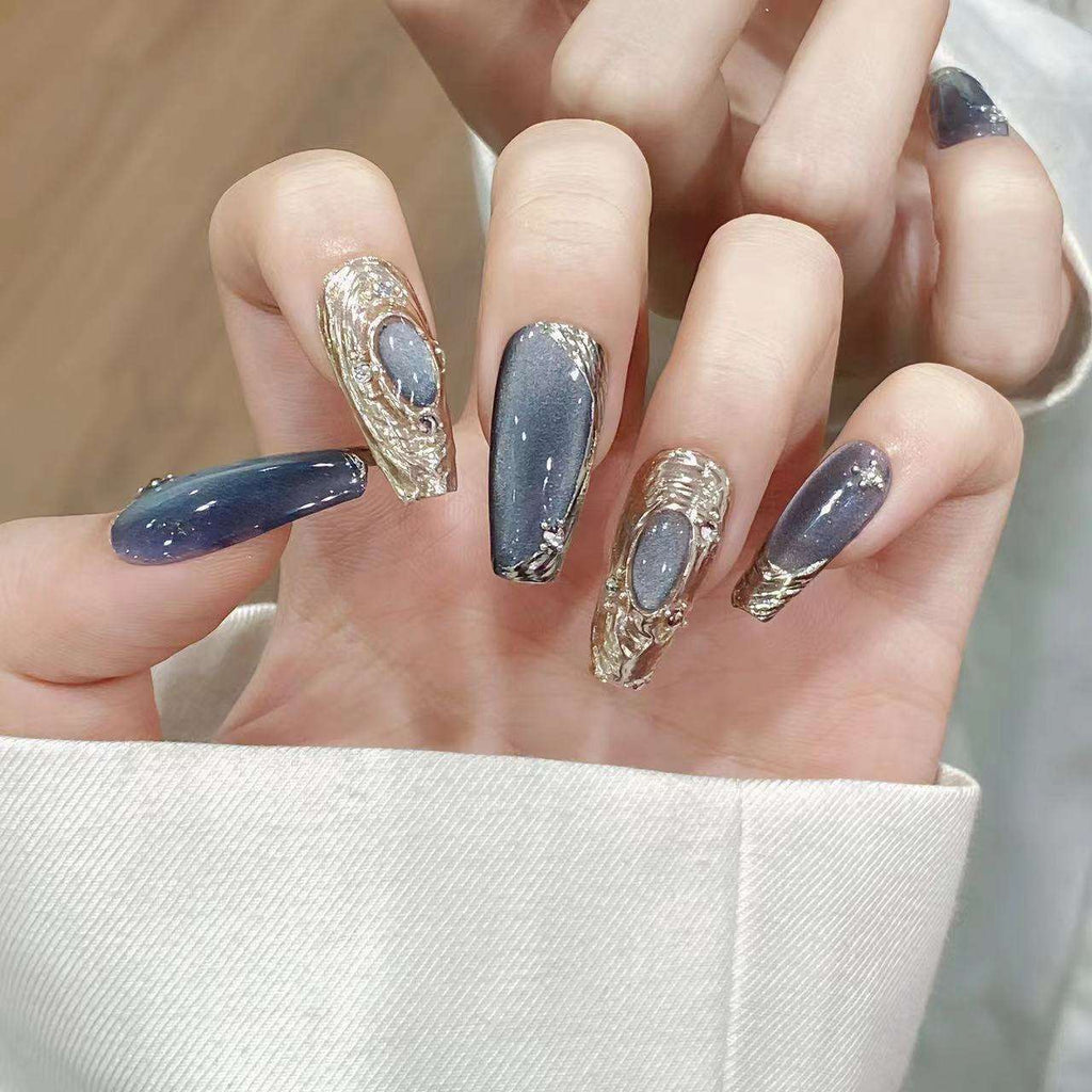 Blue Bulb Cat-Eye Handmade Press-On Nails – Finished Nail Tips, Buccellati Style