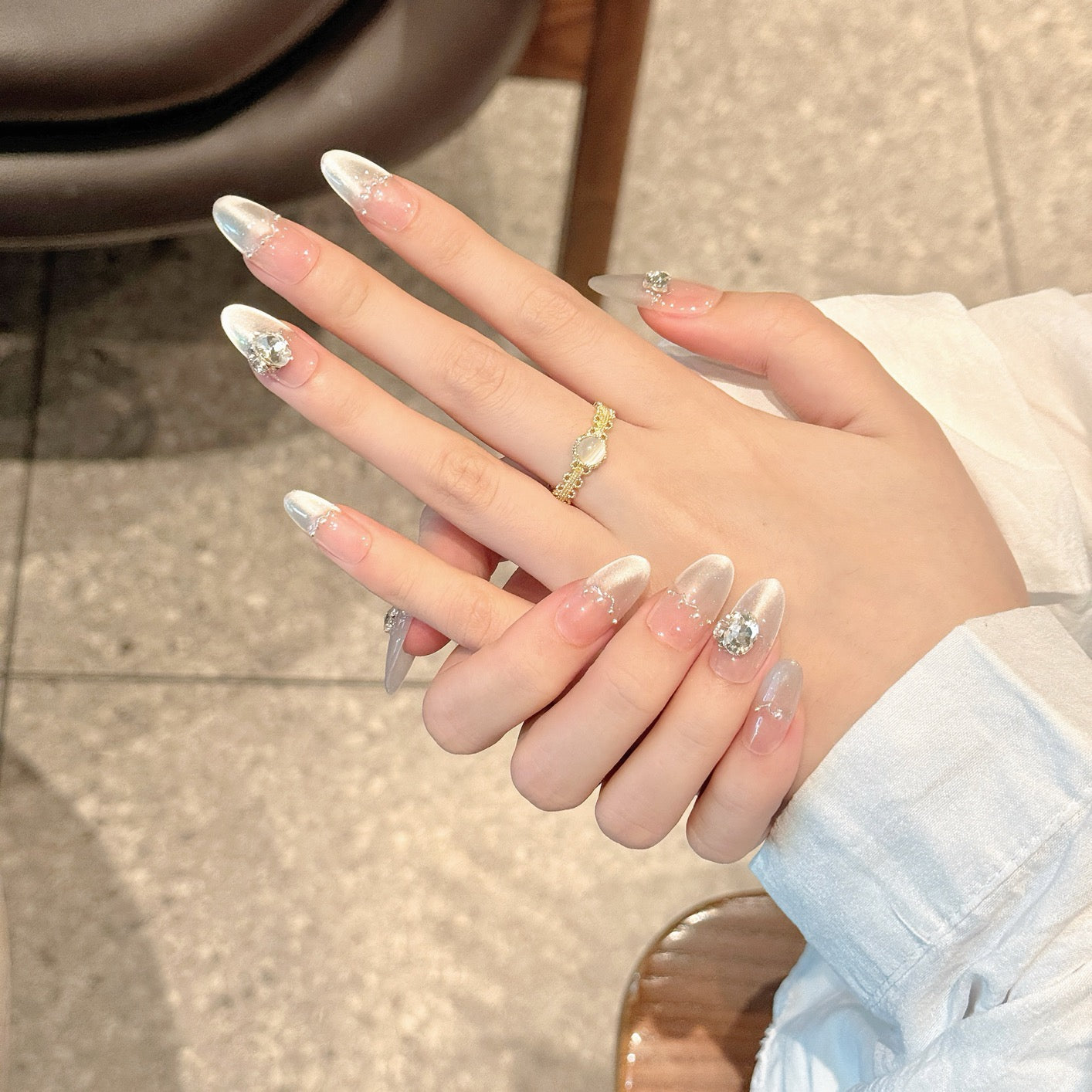 “Seine Riverside” Long Cat-Eye Press-On Nails – Handmade with Sparkling K9 Rhinestones & Glass Beads