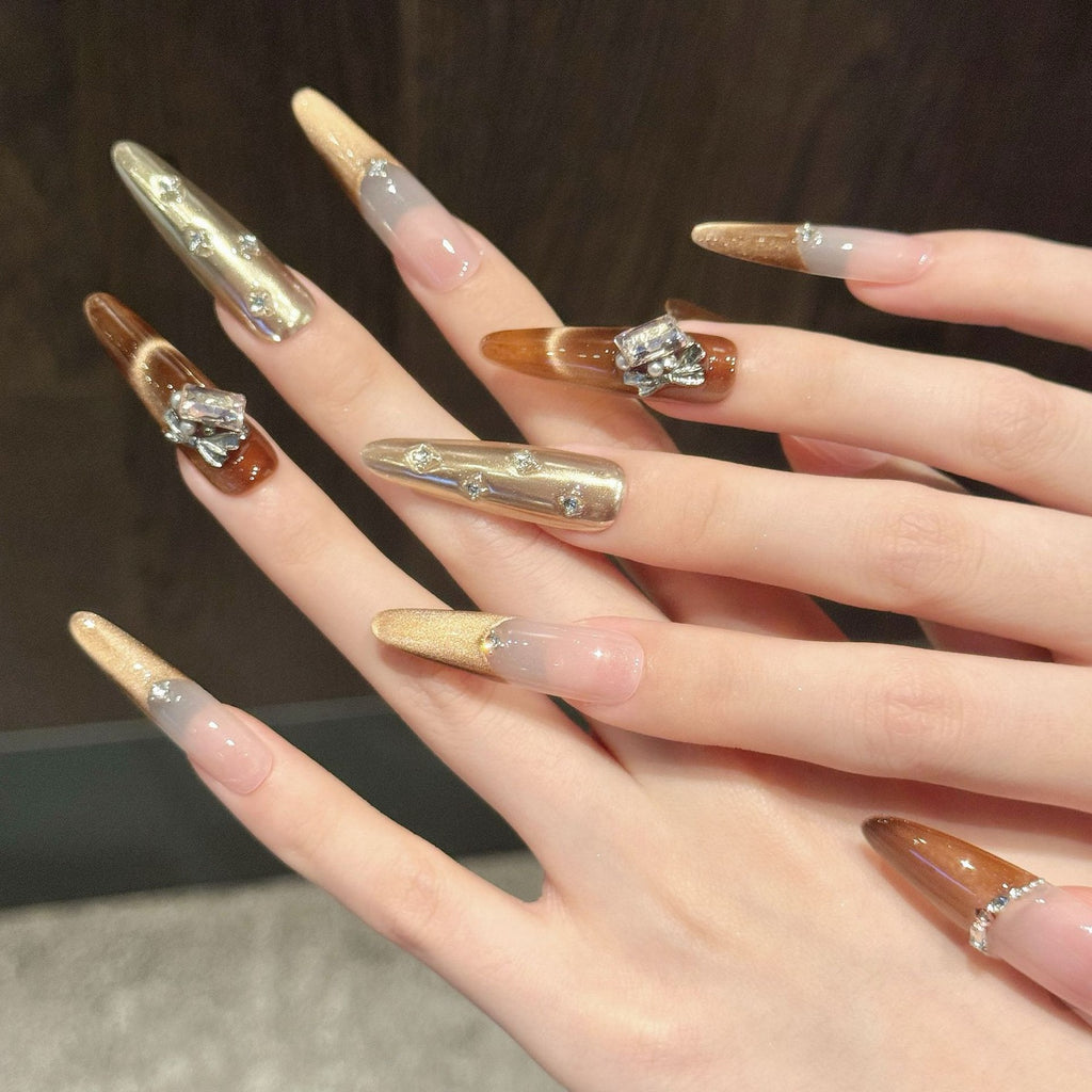 “Maillard Baroque” French Cat-Eye Luxury Press-On Nails – Buccellati-Inspired Design