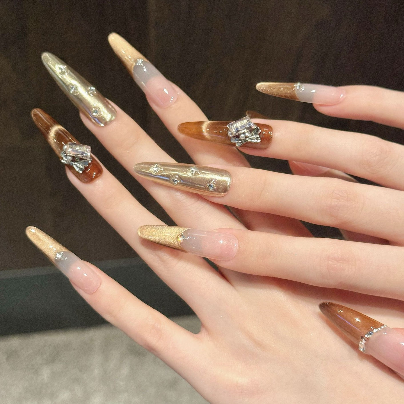 “Maillard Baroque” French Cat-Eye Luxury Press-On Nails – Buccellati-Inspired Design