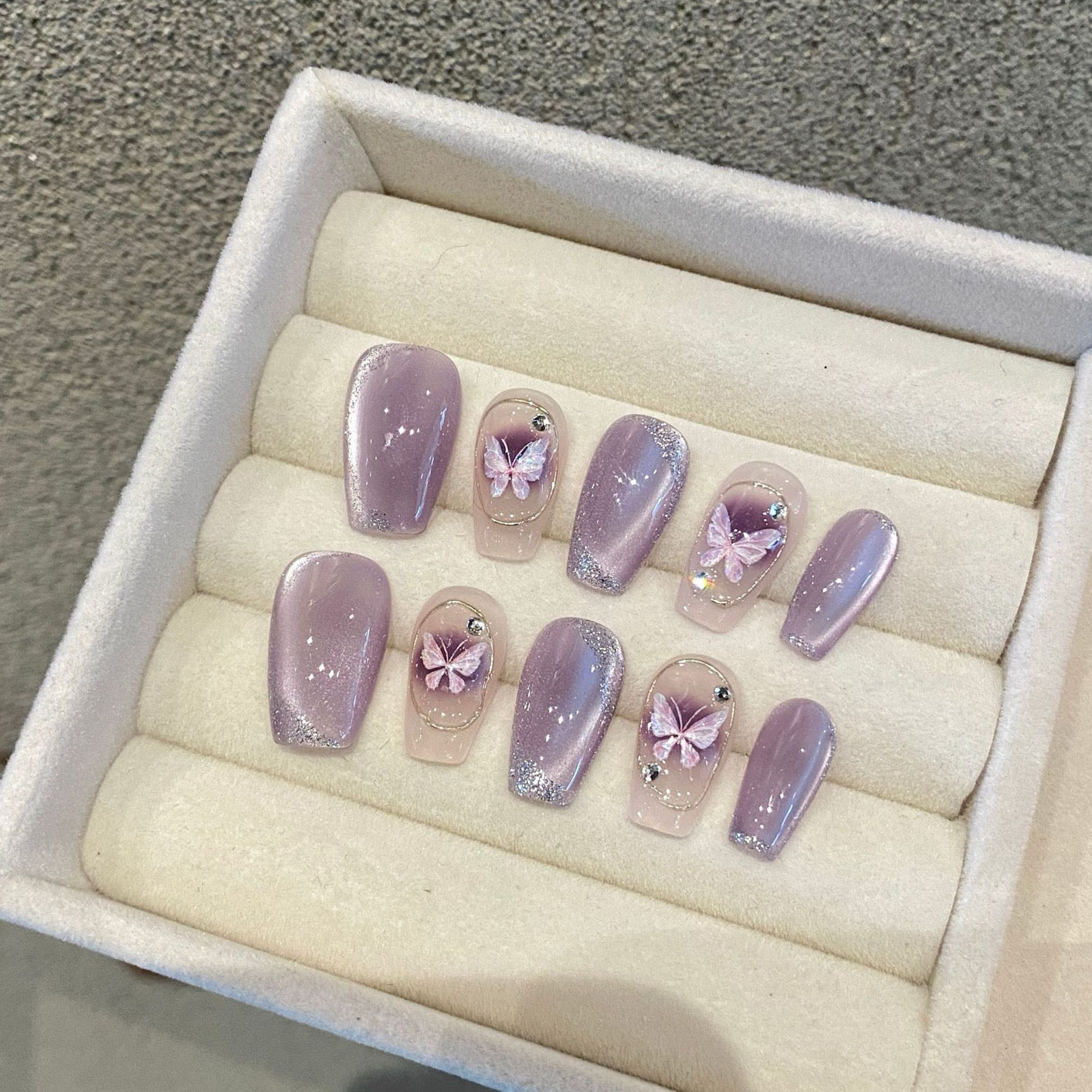 Purple Gold Cat-Eye Butterfly Press-On Nails – Handmade Trendy Nail Tips