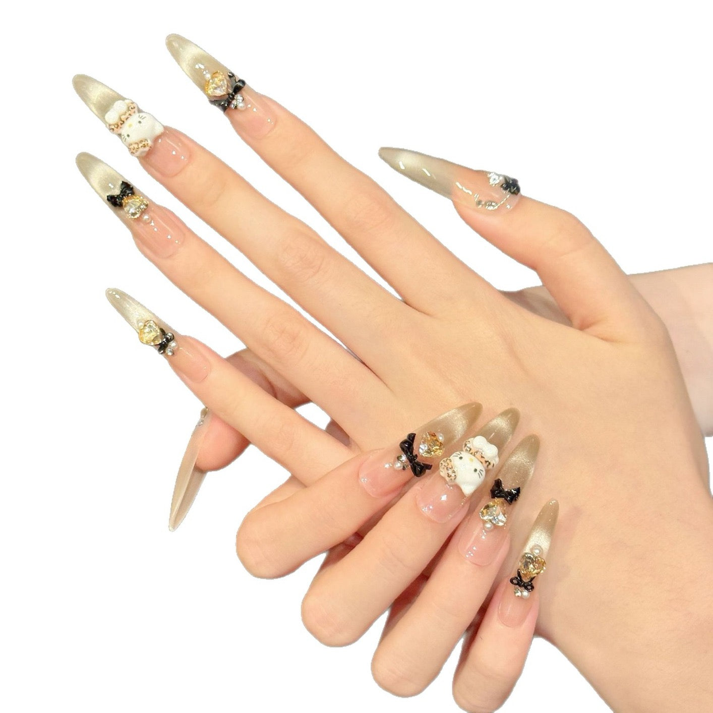 “Leopard Kitty” – Cute and Chic Cartoon-Inspired Press-On Nails with Gradient Cat-Eye Finish, 3D Rhinestones, and French Bow Details