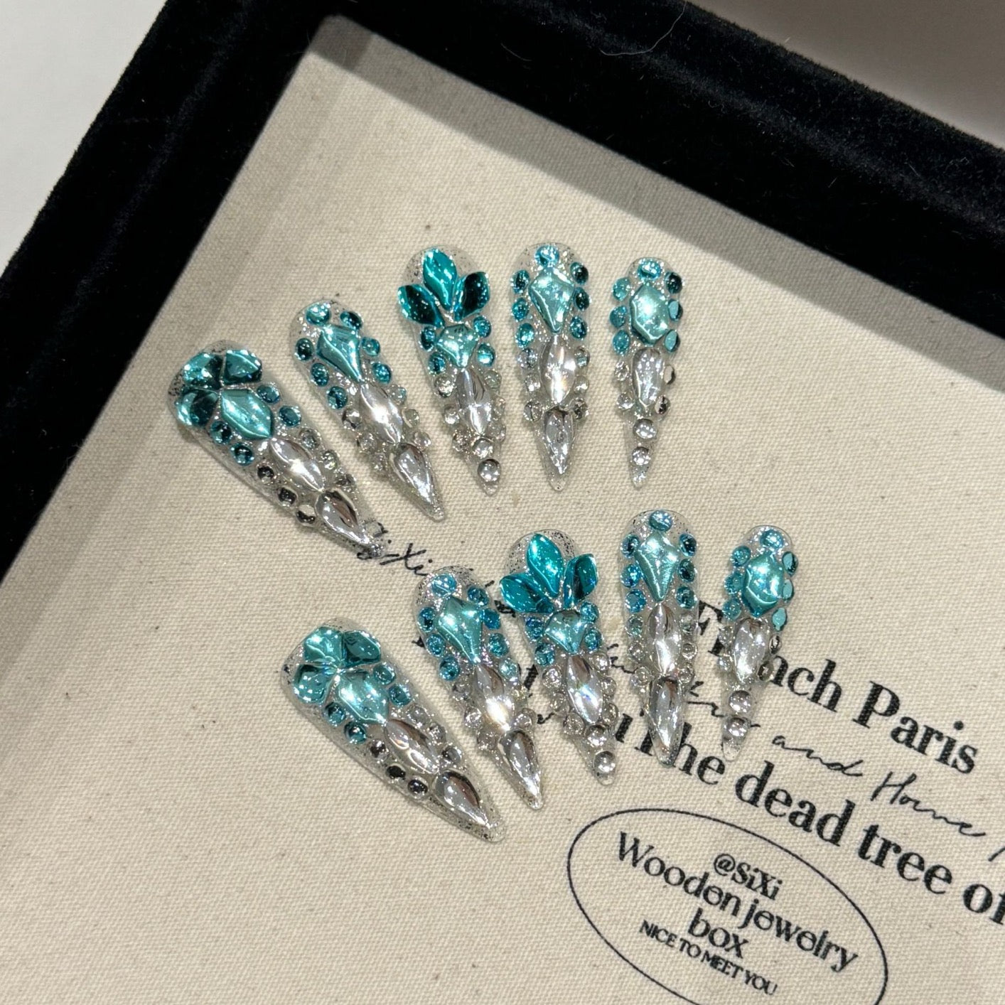 “Mermaid’s Tears” Ocean-Inspired Luxury Press-On Nails – Handmade with Full Crystal Embellishment and Deep Sea Blue Sparkle