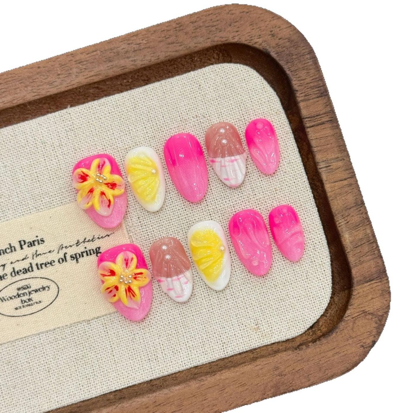 “Floral Whisper” – Soft Pink Ocean-Inspired Press-On Nails with 3D Floral Carvings and Shell Accents in a Short Almond Shape