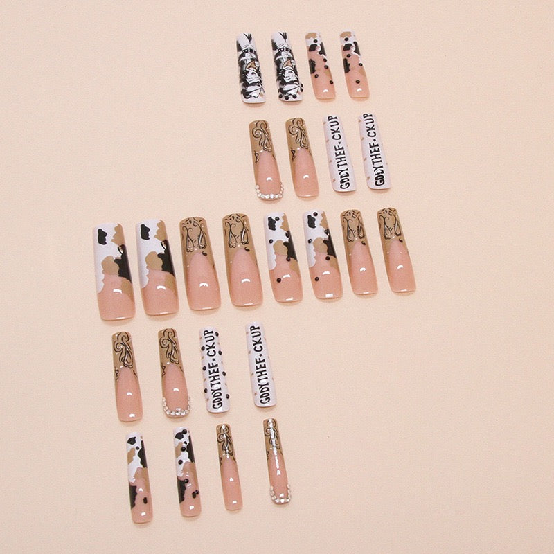 Western Cowboy Long Press-On Nails – French Letter, Rhinestone Tube Shape, Removable Tips