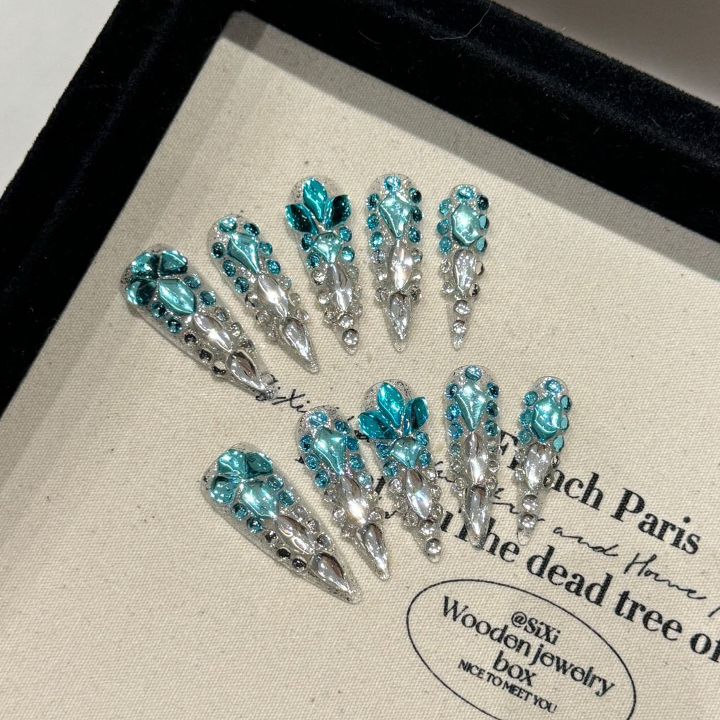 “Mermaid’s Tears” Ocean-Inspired Luxury Press-On Nails – Handmade with Full Crystal Embellishment and Deep Sea Blue Sparkle