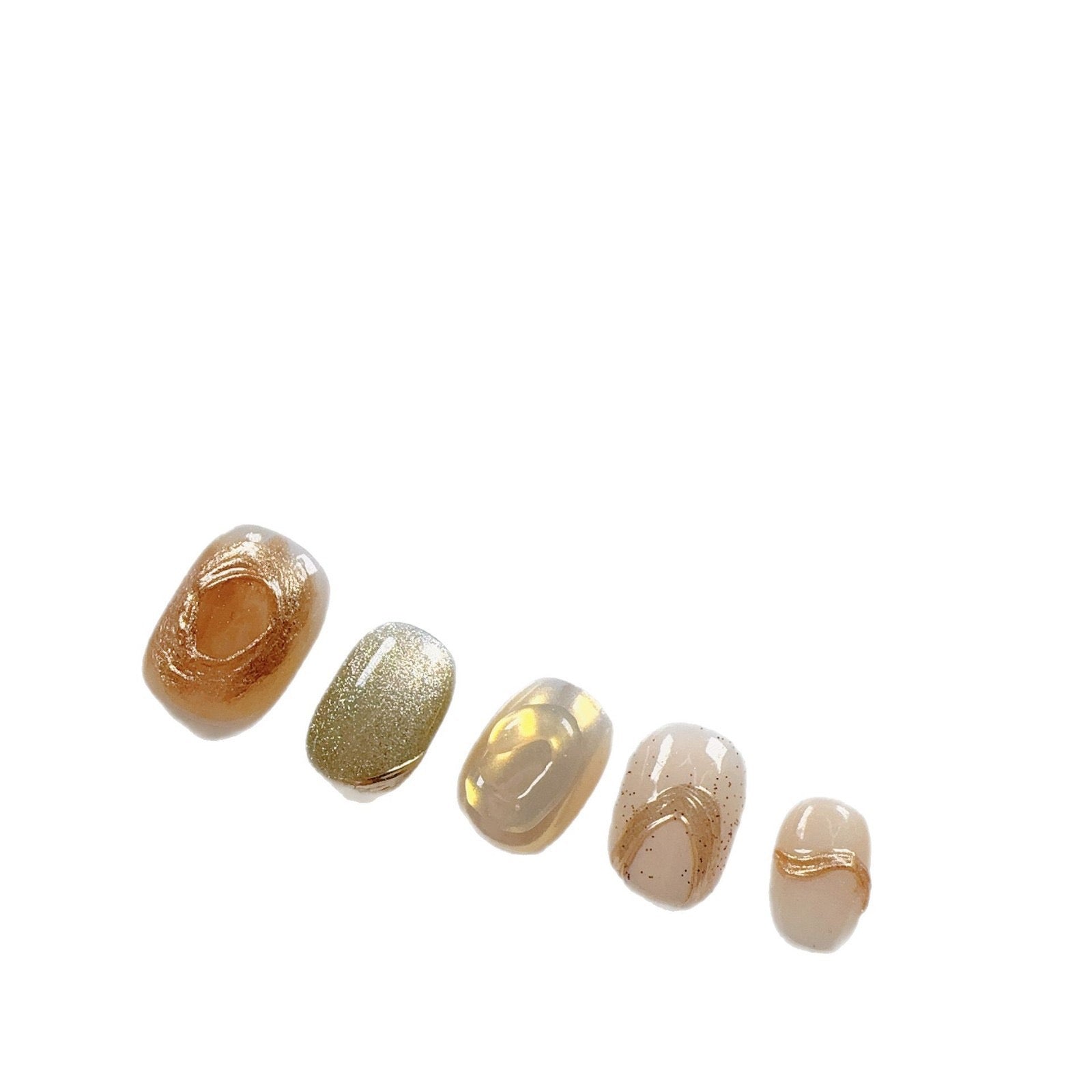 Handmade nail art with gold cat's eye French manicure, gold foil and mother-of-pearl inlaid with engraved patterns.