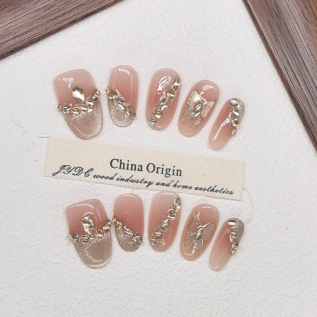 【Golden Butterfly】High-end Cat's Eye Series of Handmade Wearable Nail Tips with Diamonds 2025 Fashion Style