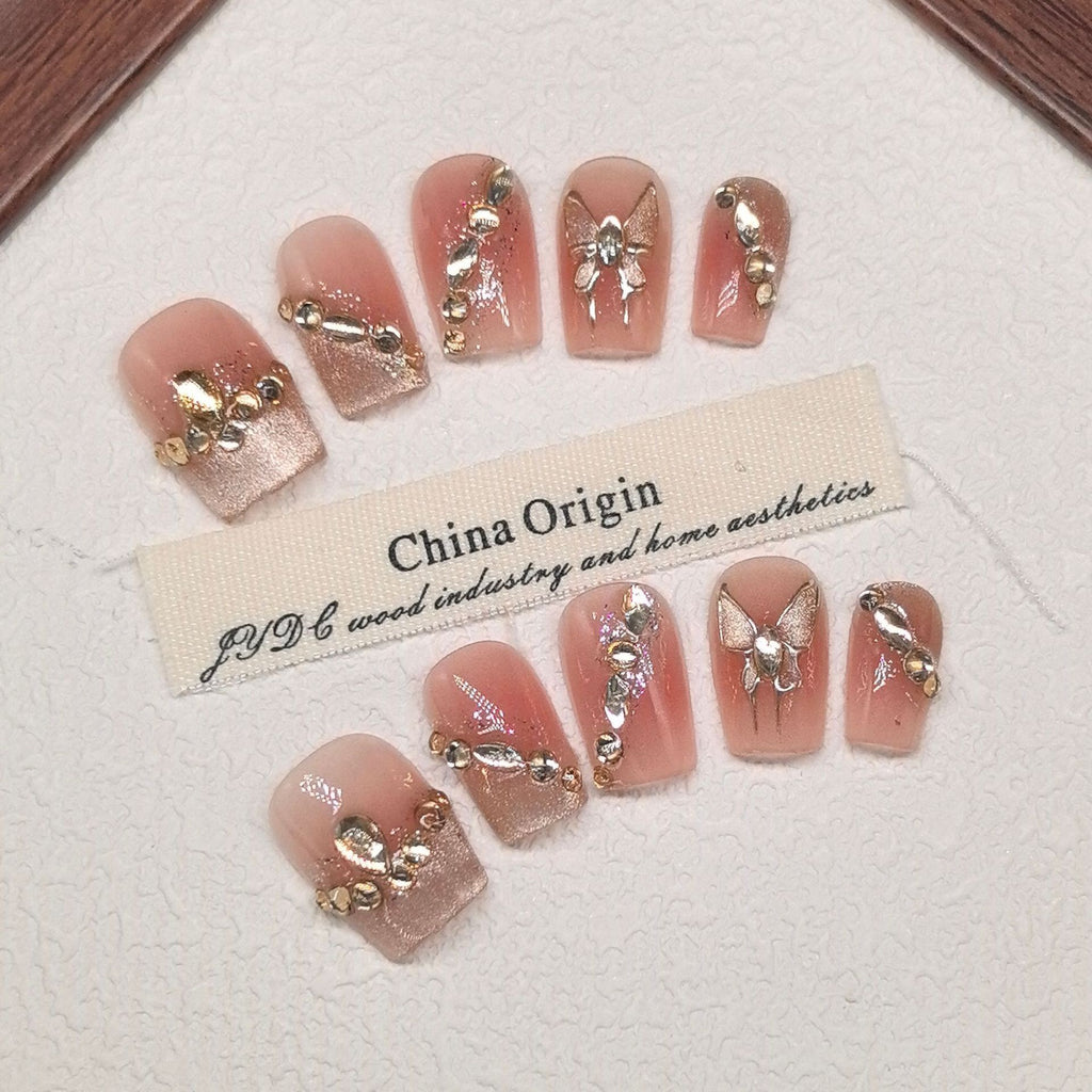 【Golden Butterfly】High-end Cat's Eye Series of Handmade Wearable Nail Tips with Diamonds 2025 Fashion Style