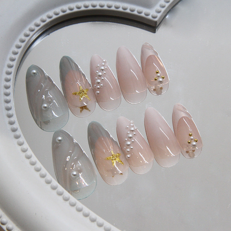 Mermaid Ocean Nail Stickers, Removable 3D Shell Press-on Nails, Star Nail Art with Rhinestones