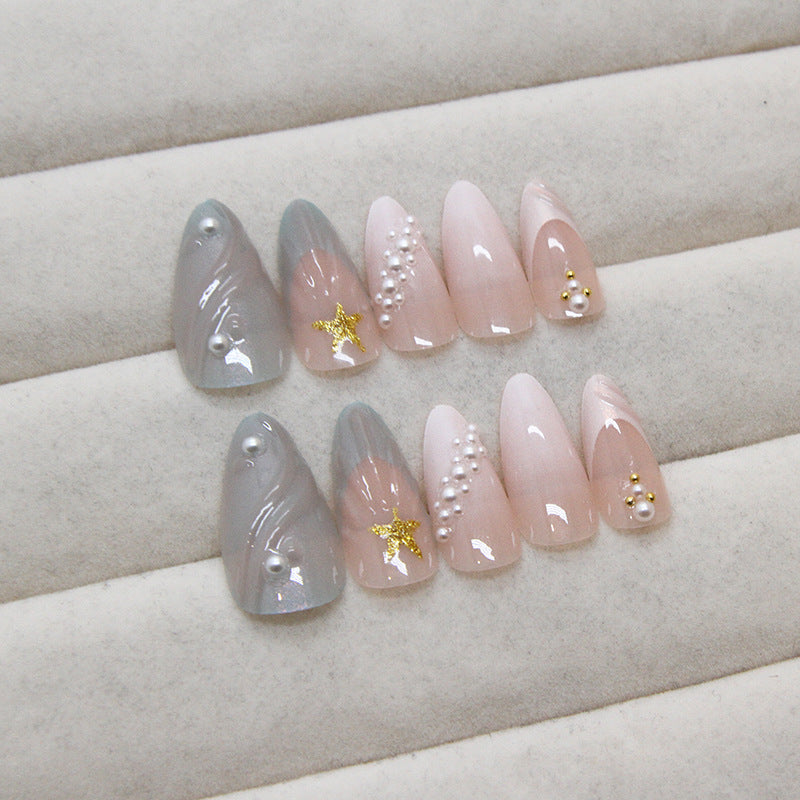 Mermaid Ocean Nail Stickers, Removable 3D Shell Press-on Nails, Star Nail Art with Rhinestones